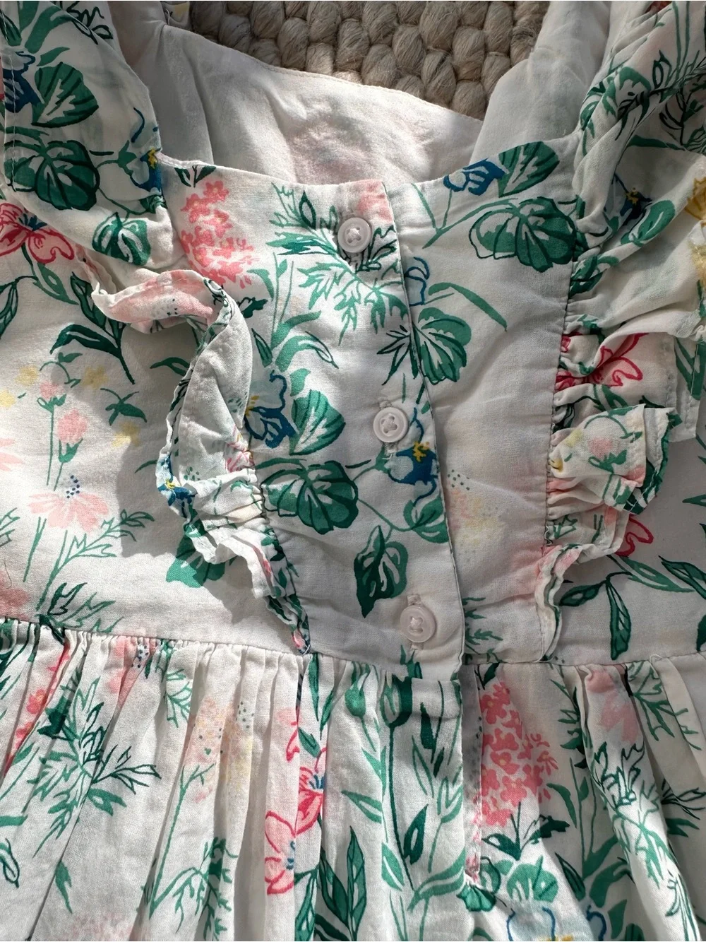 Janie and Jack White Floral Ruffle Sundress with Green, Pink & Yellow Print